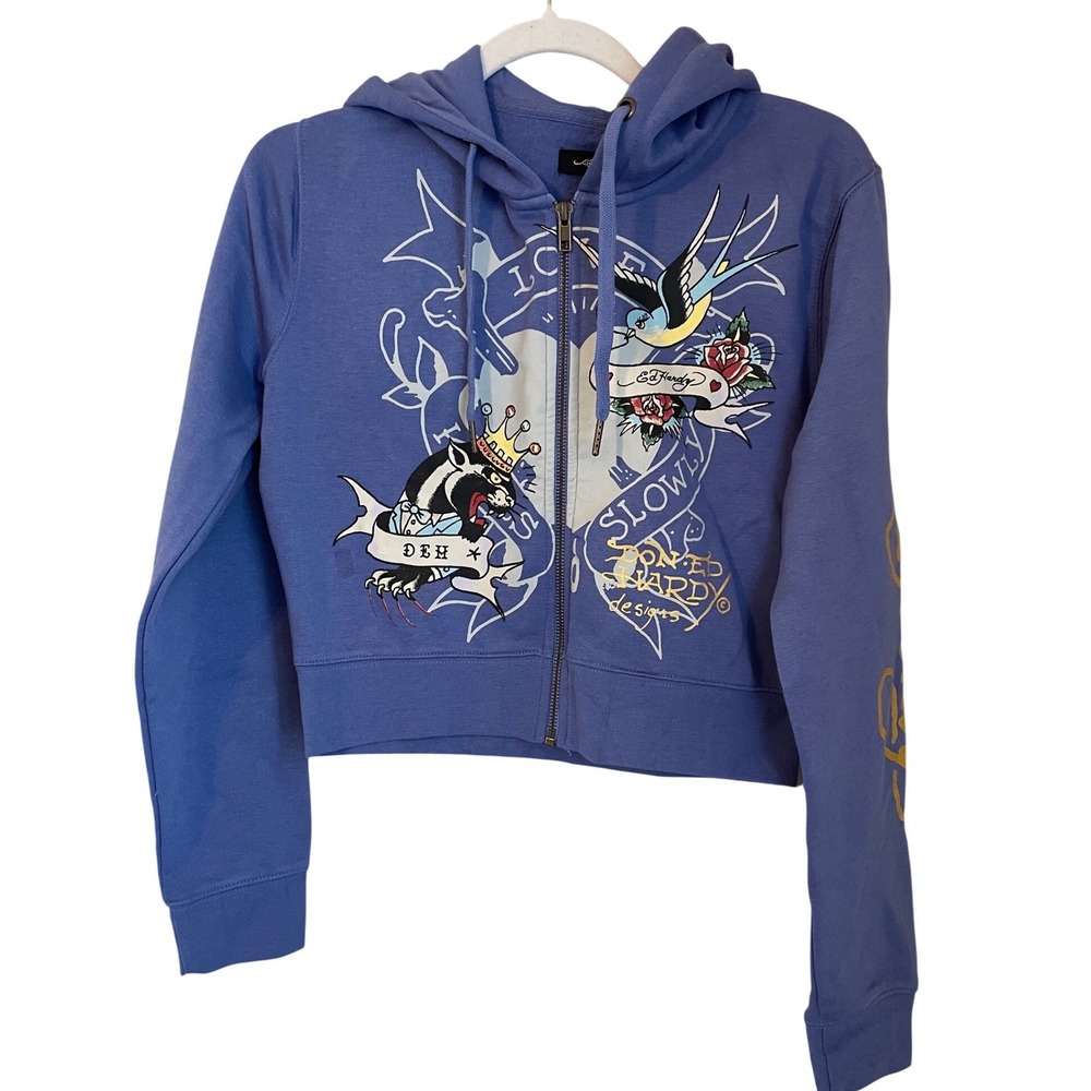 Ed Hardy Size L Free Bird Blue Cropped Graphic Hoodie Love Kills Slowly Y2k